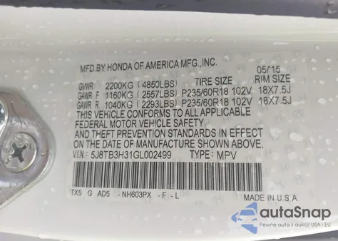 2016 Acura Rdx Acurawatch Plus Pkg from USA, damaged, VIN 5J8TB3H31GL002499
